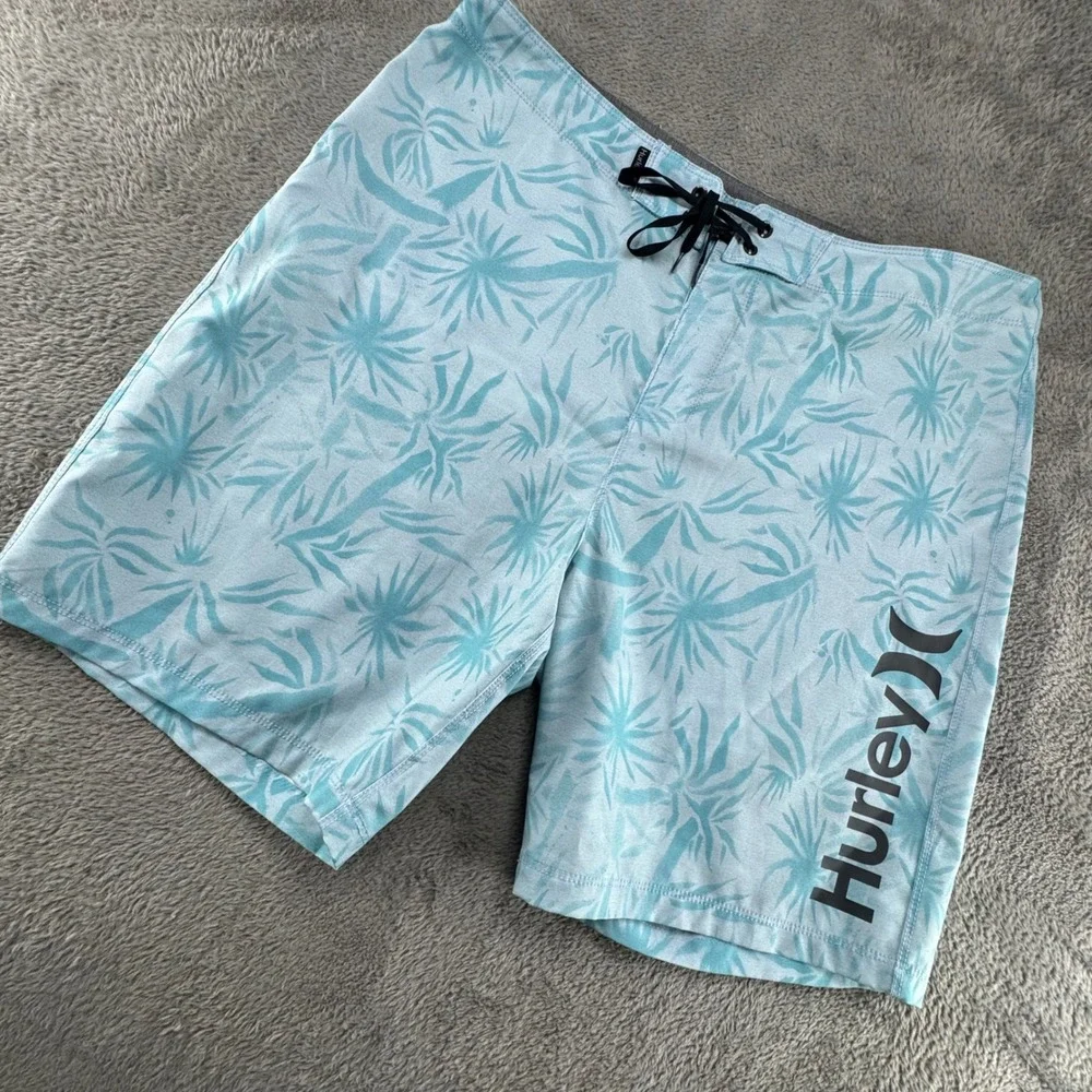 Hurley Board Shorts Mens 36 Blue Excellent Tropical Palm Leaf Print Swim Trunks